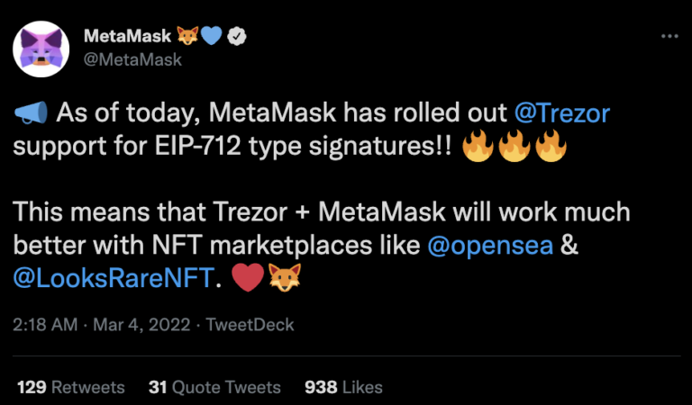 Metamask Rolls Out Trezor Eip-712 Supoprt | Nft News